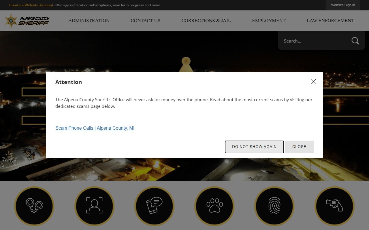 Alpena County Sheriff website showing recent bookings search