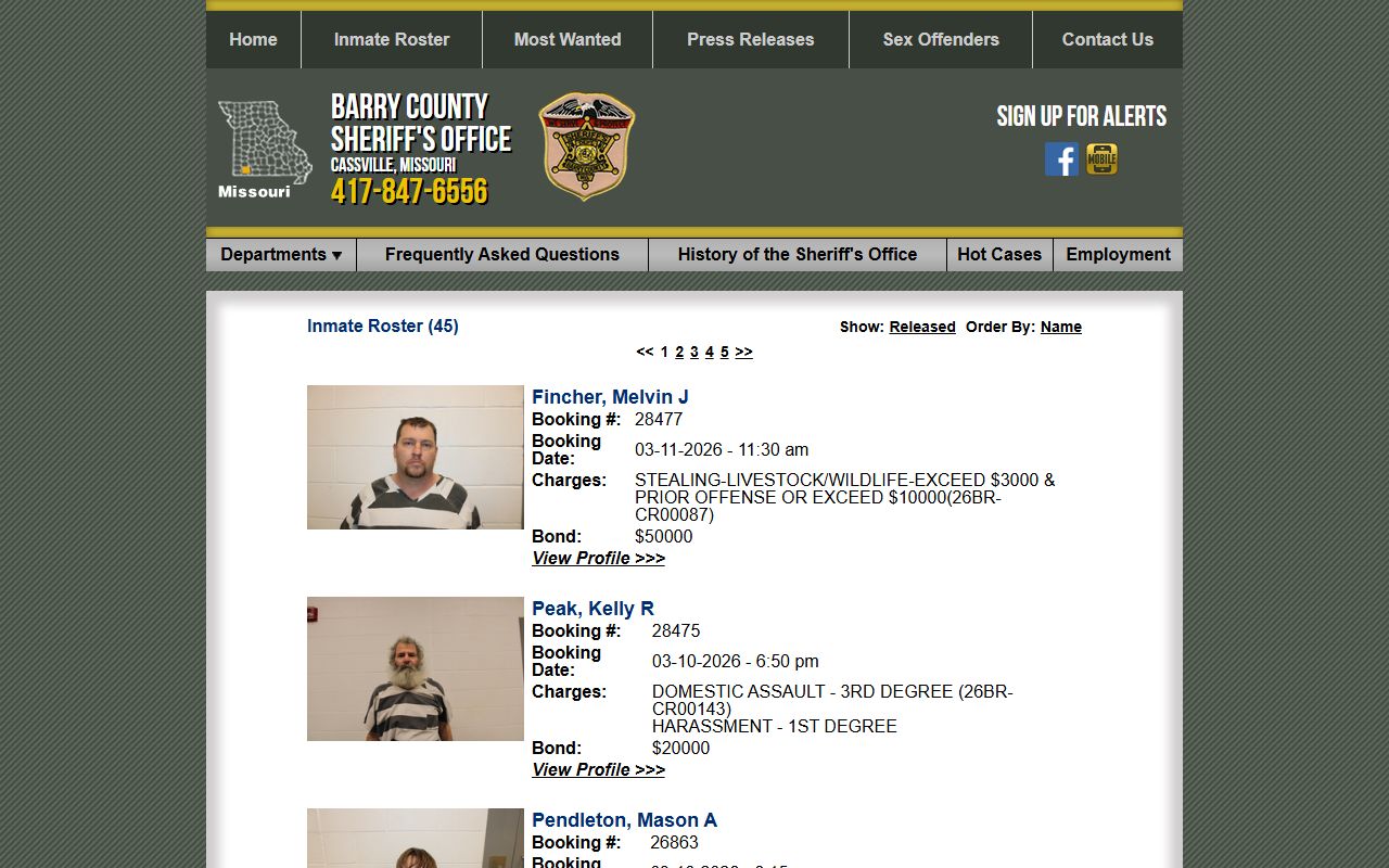 Barry County Sheriff inmate roster showing recent bookings