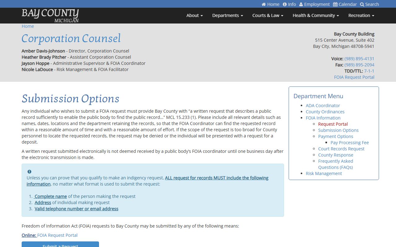 Bay County FOIA request page for obtaining recent bookings records