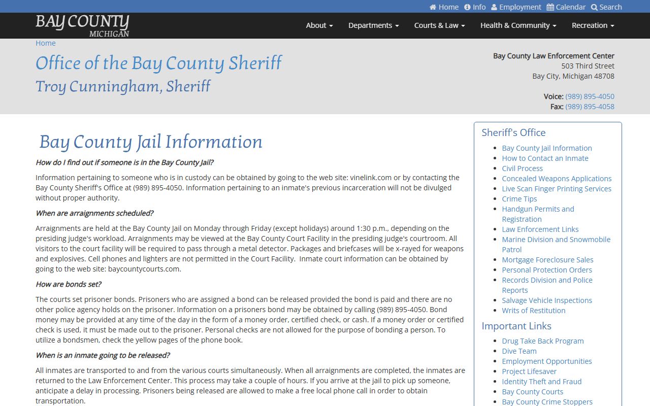 Bay County jail information page for recent bookings
