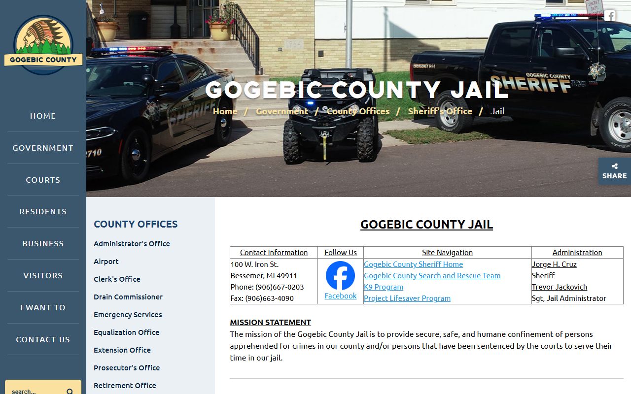 Gogebic County jail page showing recent bookings