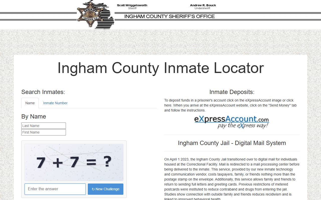 Ingham County jail website for recent bookings search