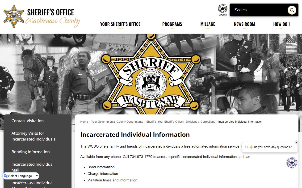 Washtenaw County recent bookings inmate information page