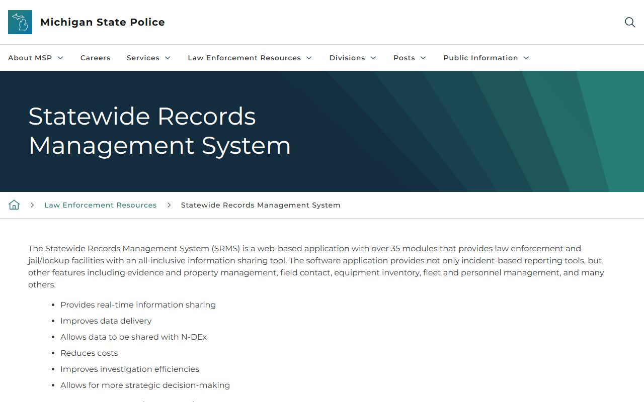 Michigan Statewide Records Management System page